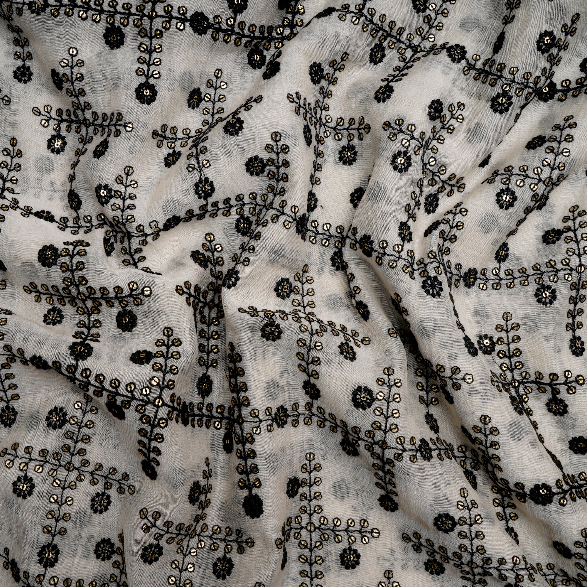 White-Black All Over Pattern Sequins Embroidered Chanderi Fabric