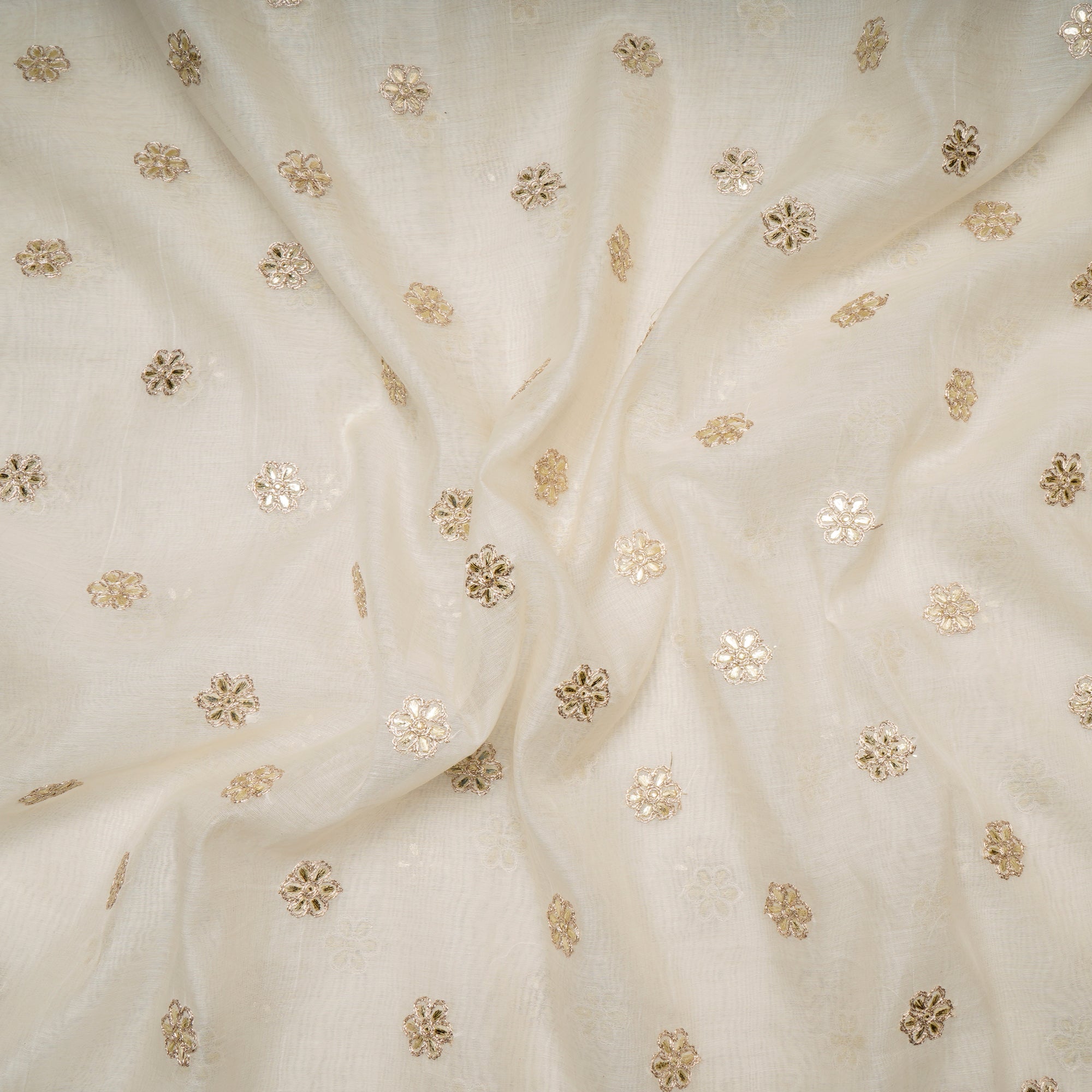 Off-White Motif Pattern Thread Embroidered Chanderi Fabric