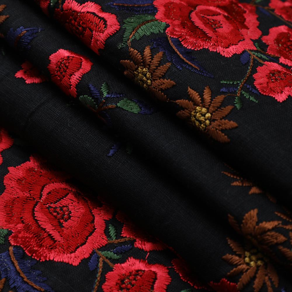 Black-Red Color Embroidered Linen Fabric