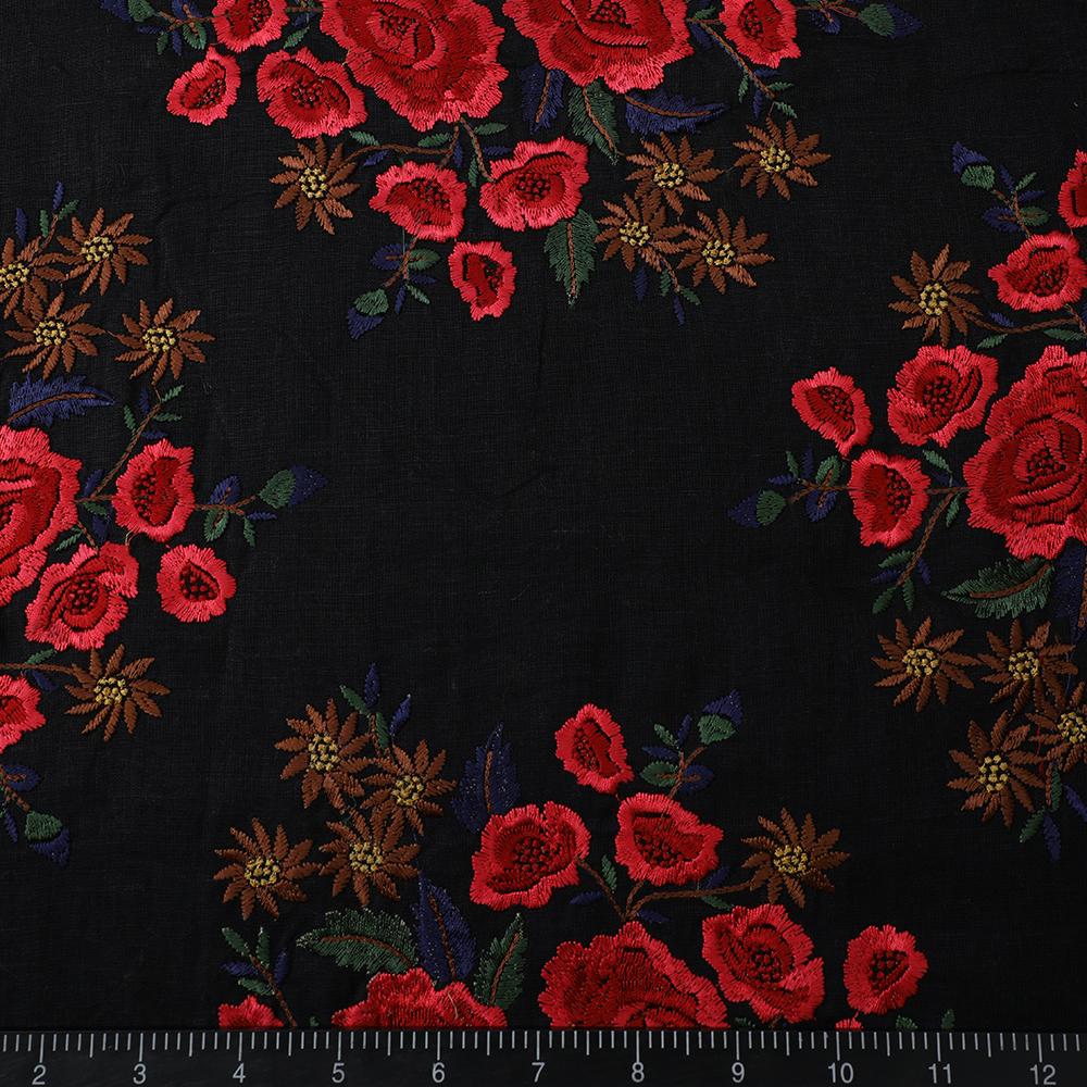 Black-Red Color Embroidered Linen Fabric