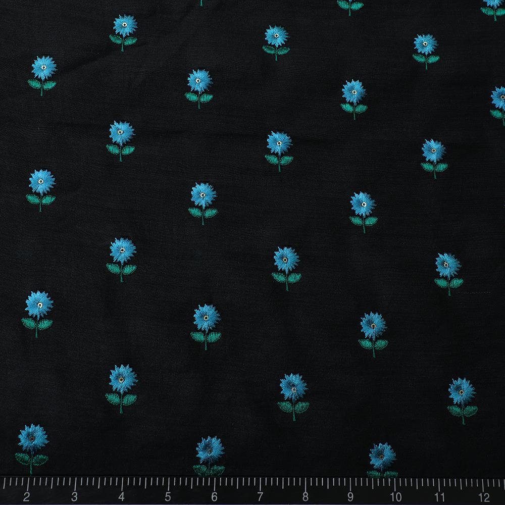 Black-Blue Color Embroidered Muga Silk Fabric