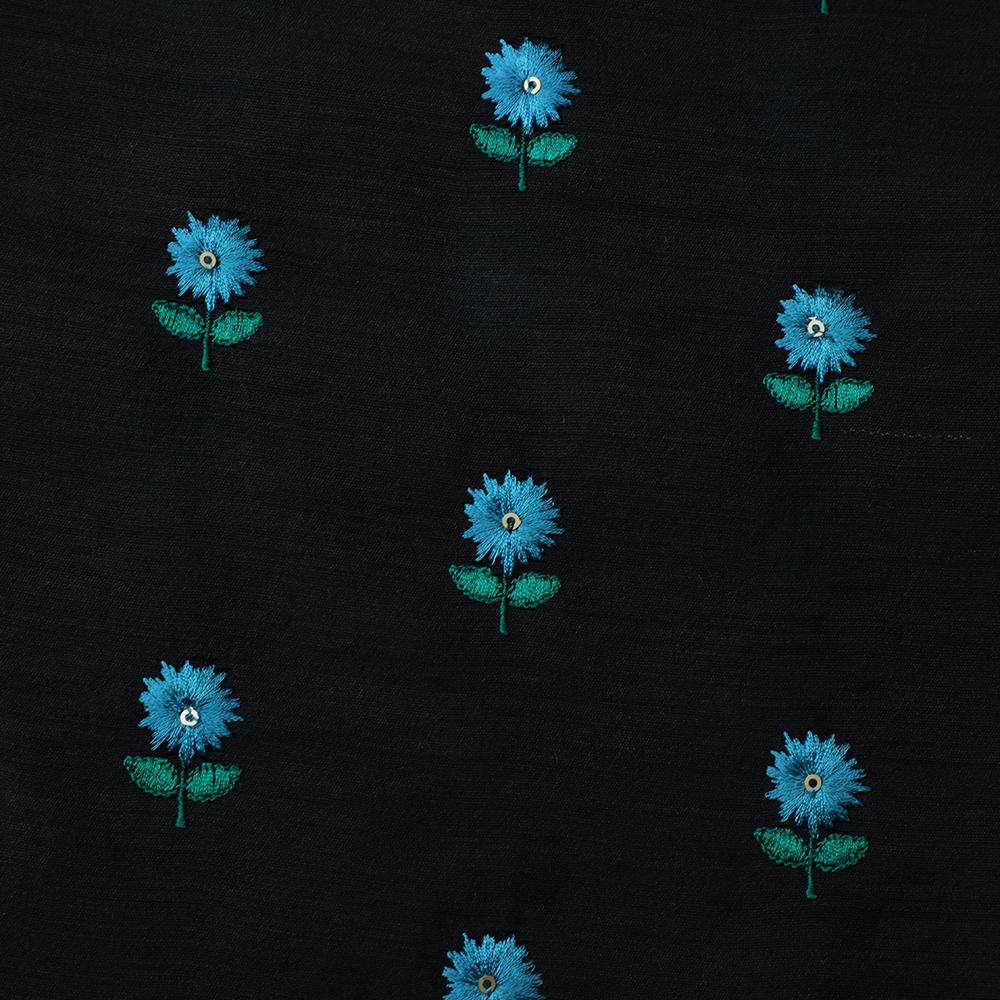 Black-Blue Color Embroidered Muga Silk Fabric
