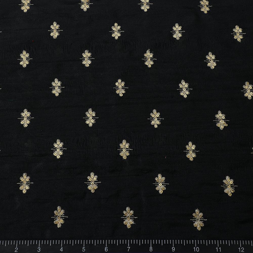 Black-Golden Color Embroidered Dupion Silk Fabric