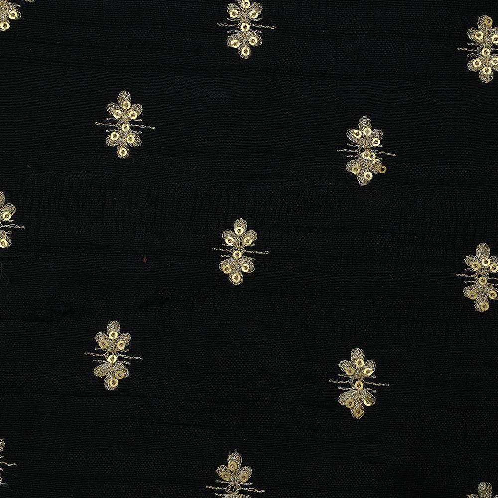 Black-Golden Color Embroidered Dupion Silk Fabric