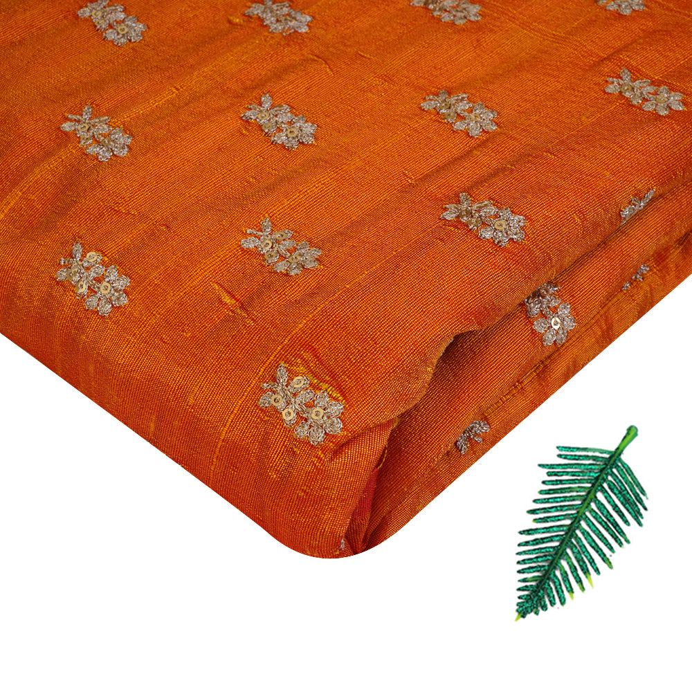 Orange Color Embroidered Dupion Silk Fabric