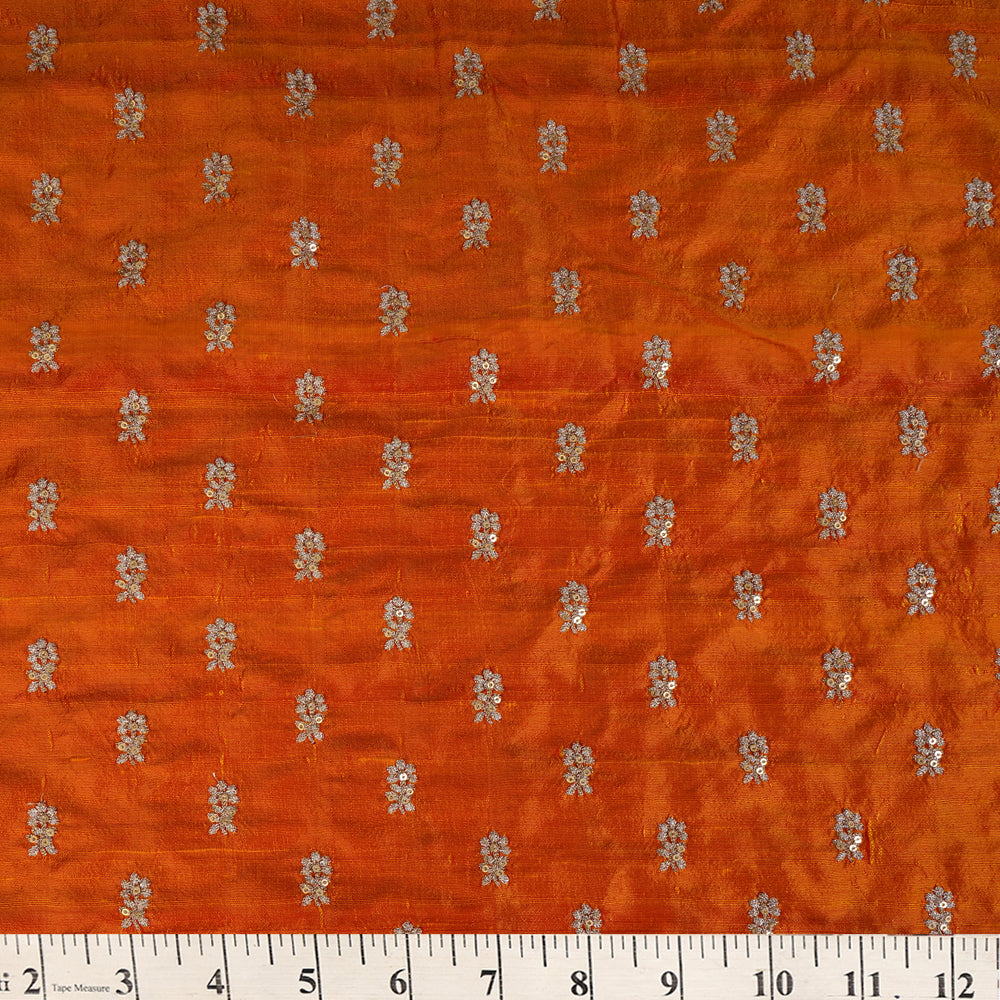 Orange Color Embroidered Dupion Silk Fabric