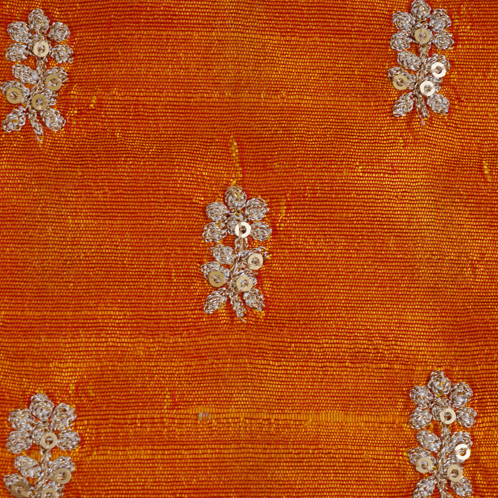 Orange Color Embroidered Dupion Silk Fabric