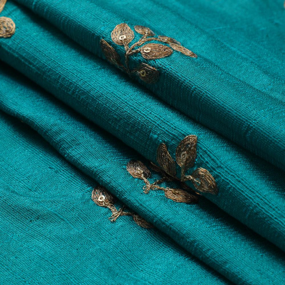 Dark Aqua Green-Golden Color Embroidered Dupion Silk Fabric