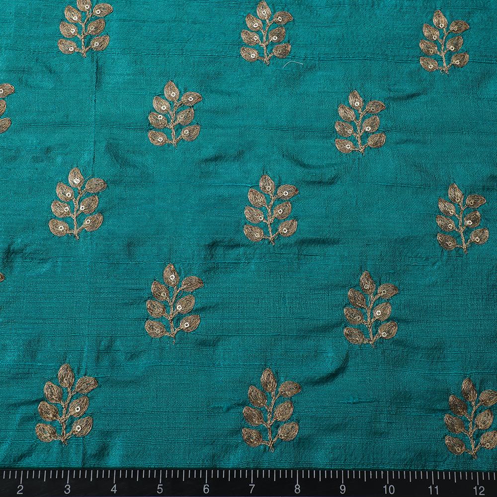 Dark Aqua Green-Golden Color Embroidered Dupion Silk Fabric