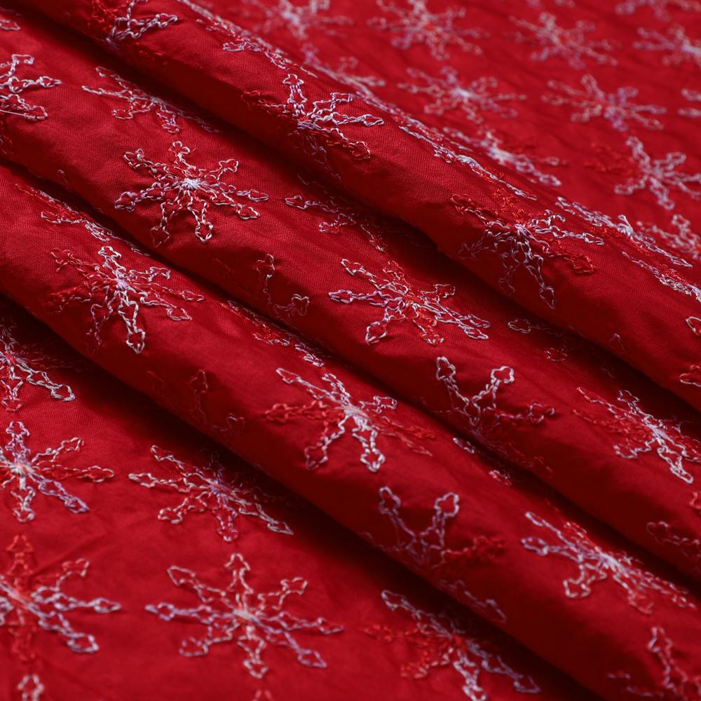 Red Color Embroidered Silk Fabric