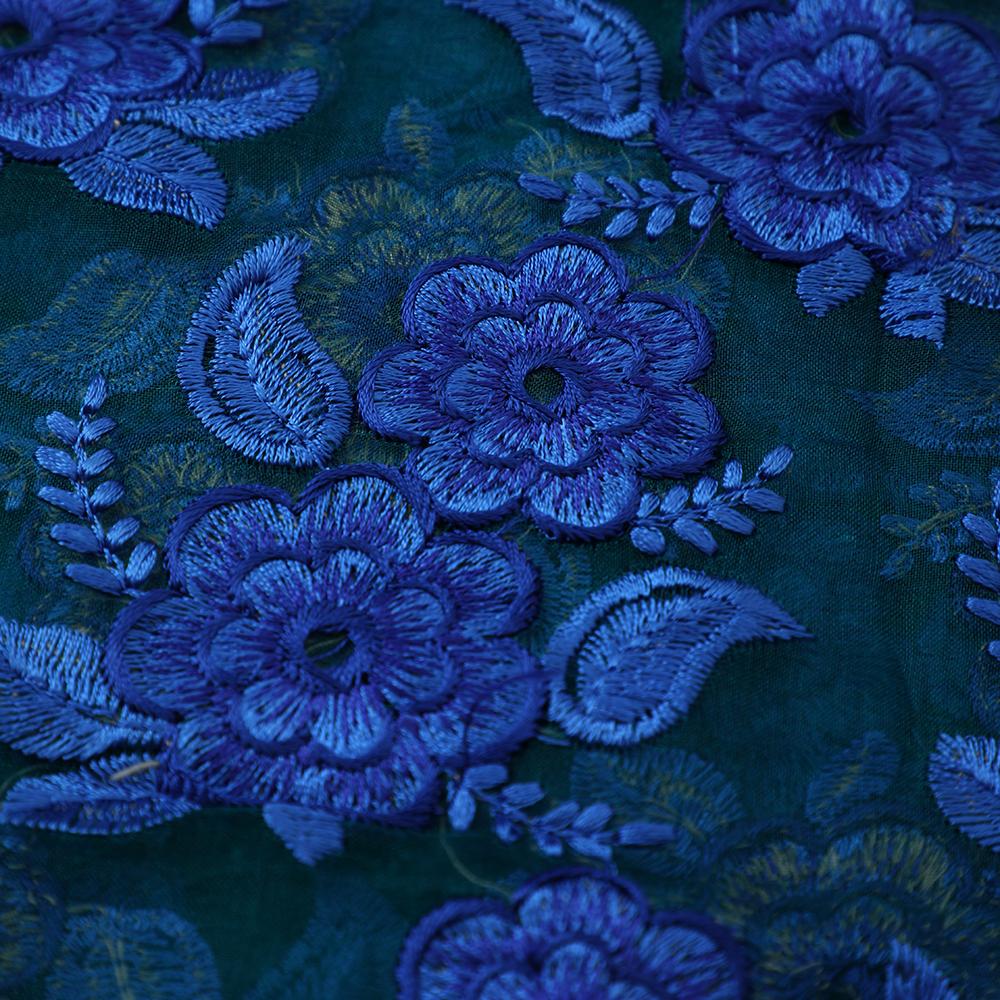 Blue-Yellow Color Embroidered Silk Fabric