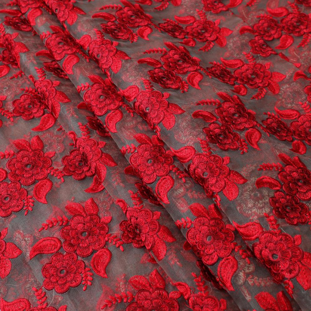 Olive Green-Red Color Embroidered Silk Fabric