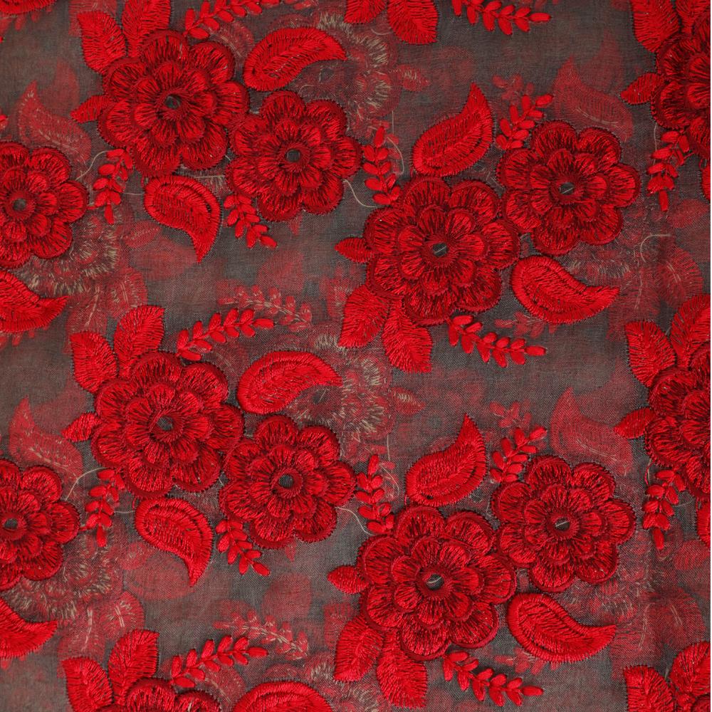 Olive Green-Red Color Embroidered Silk Fabric