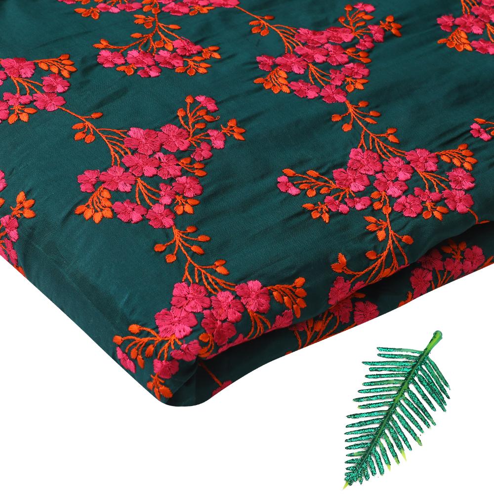 Ultramarine Green-Pink Color Embroidered Plain Silk Fabric