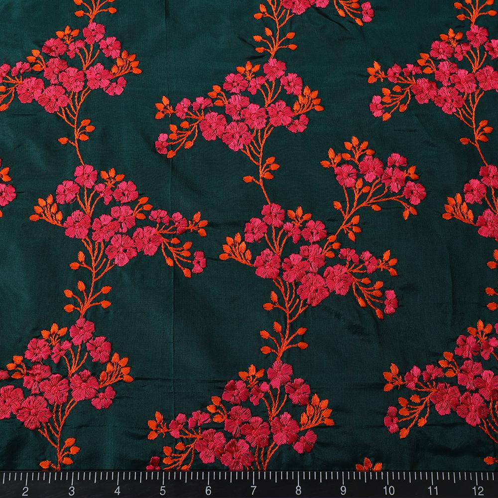 Ultramarine Green-Pink Color Embroidered Plain Silk Fabric