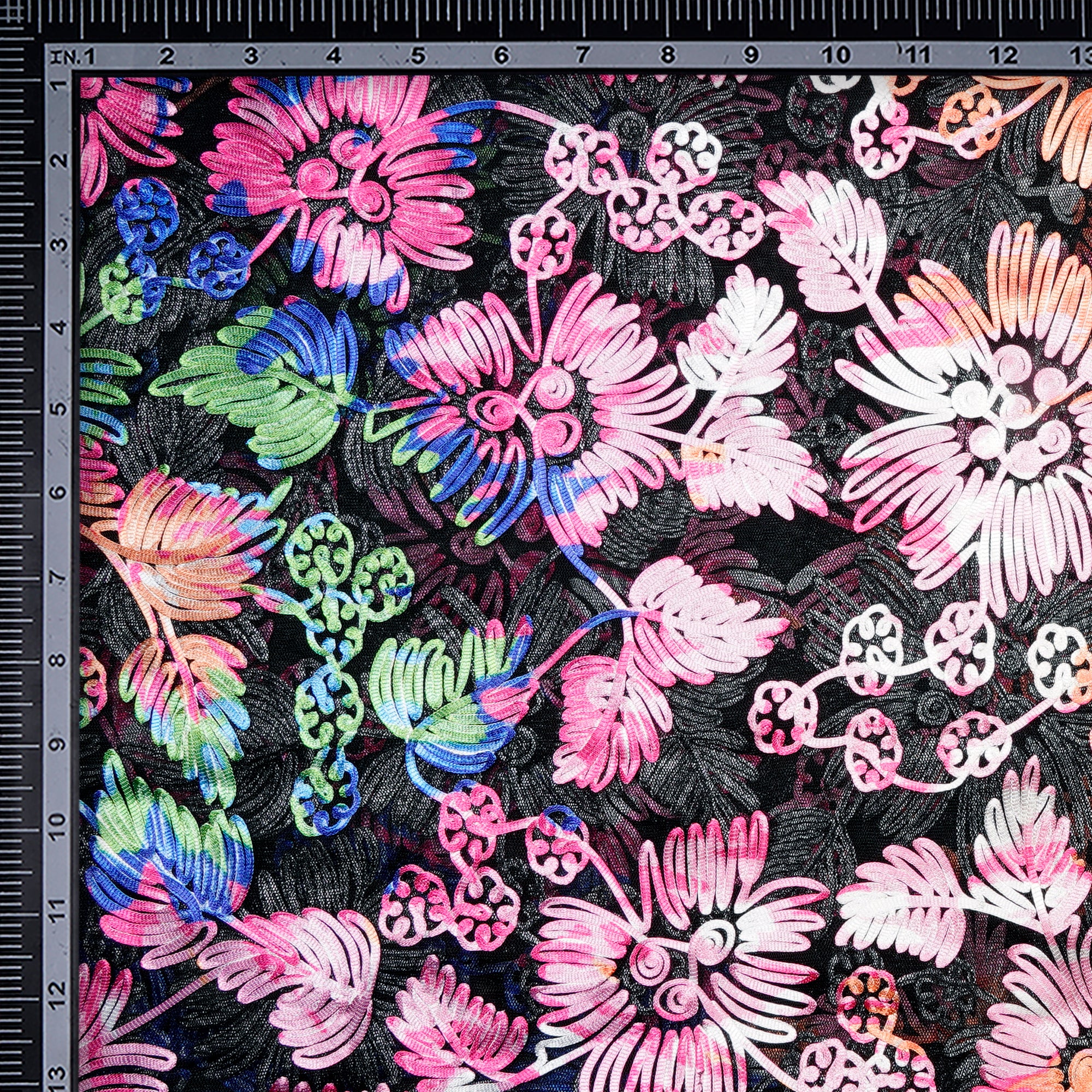Multi Color Embroidered Nylon Net Fabric