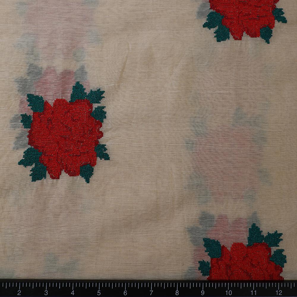 Beige-Red Color Embroidered Fine Chanderi Fabric