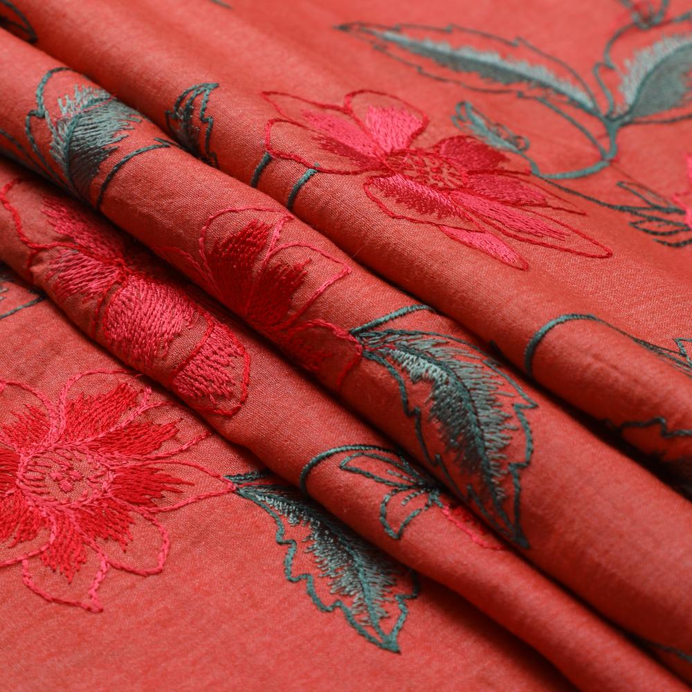 Salmon Color Embroidered Tussar Muga Silk Fabric