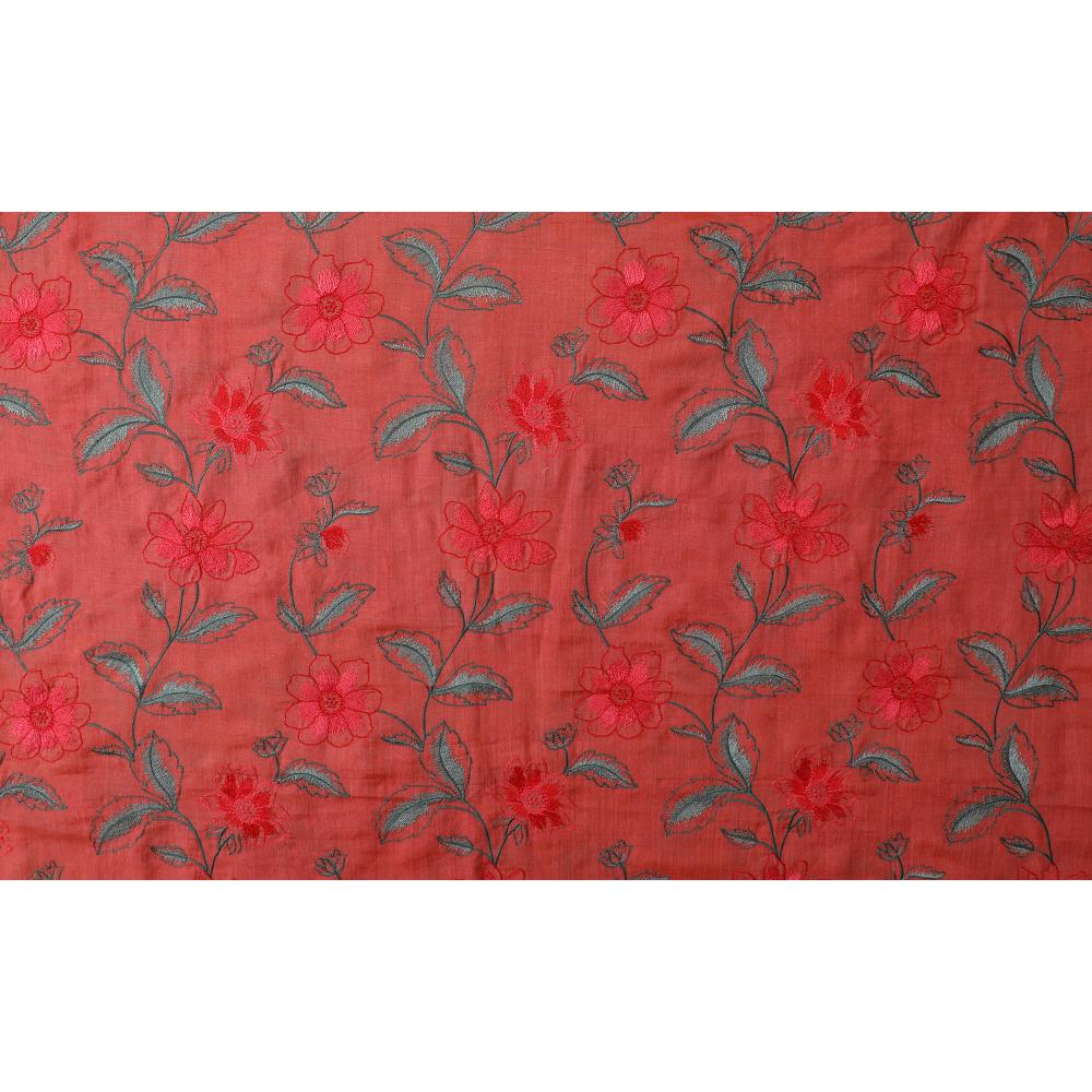 Salmon Color Embroidered Tussar Muga Silk Fabric