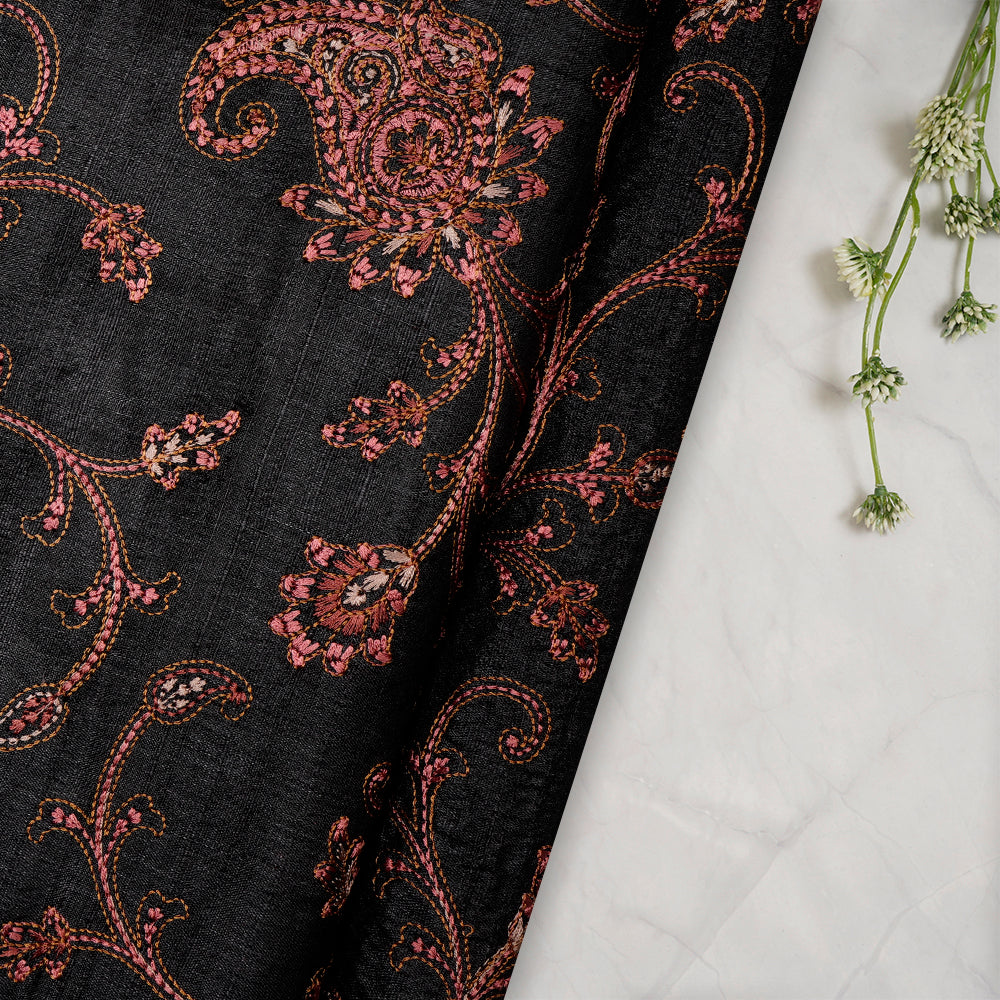 Black Color Embroidered Tussar Silk Fabric
