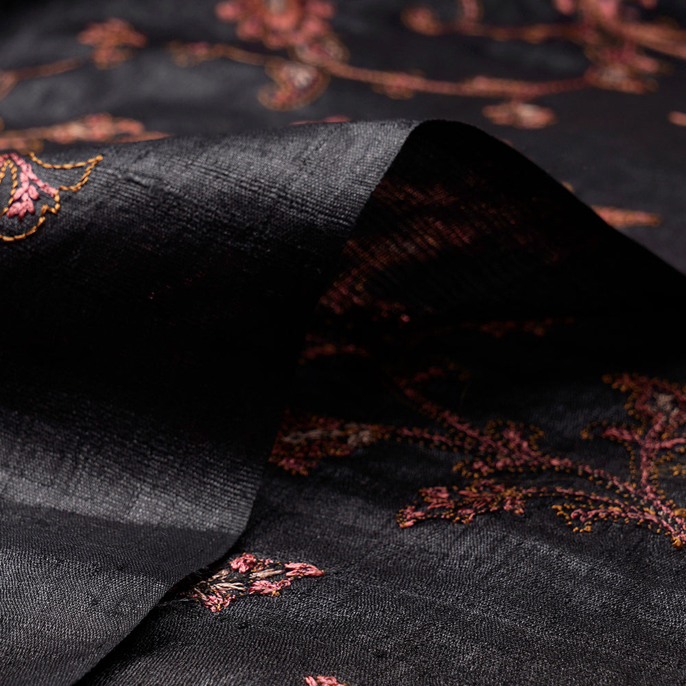 Black Color Embroidered Tussar Silk Fabric