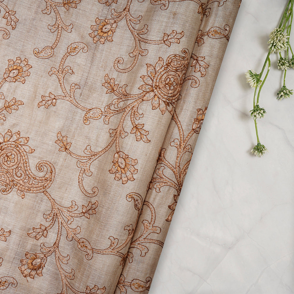 Beige Color Embroidered Pure Tussar Silk Fabric