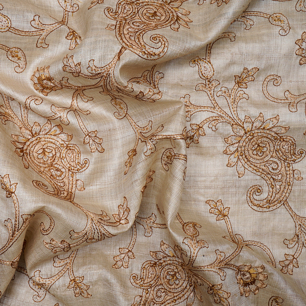 Beige Color Embroidered Pure Tussar Silk Fabric