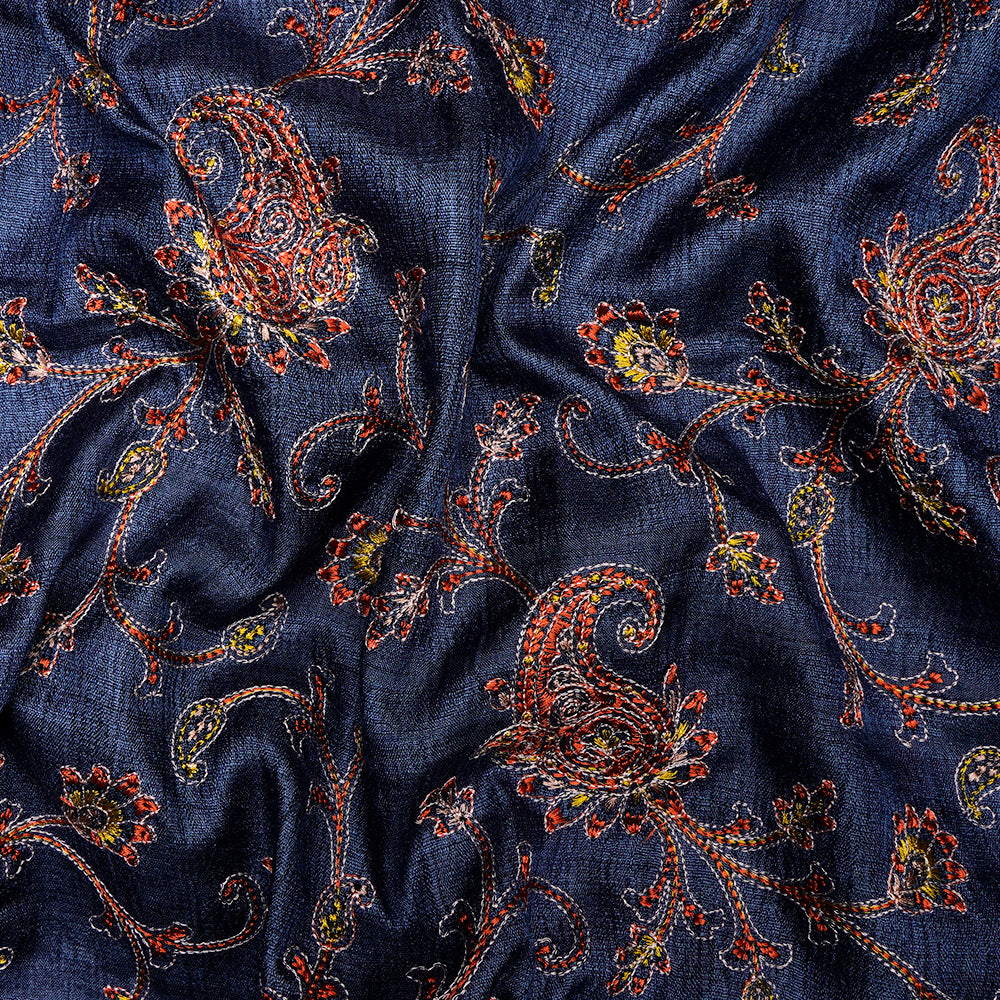 Navy Color Embroidered Tussar Silk Fabric