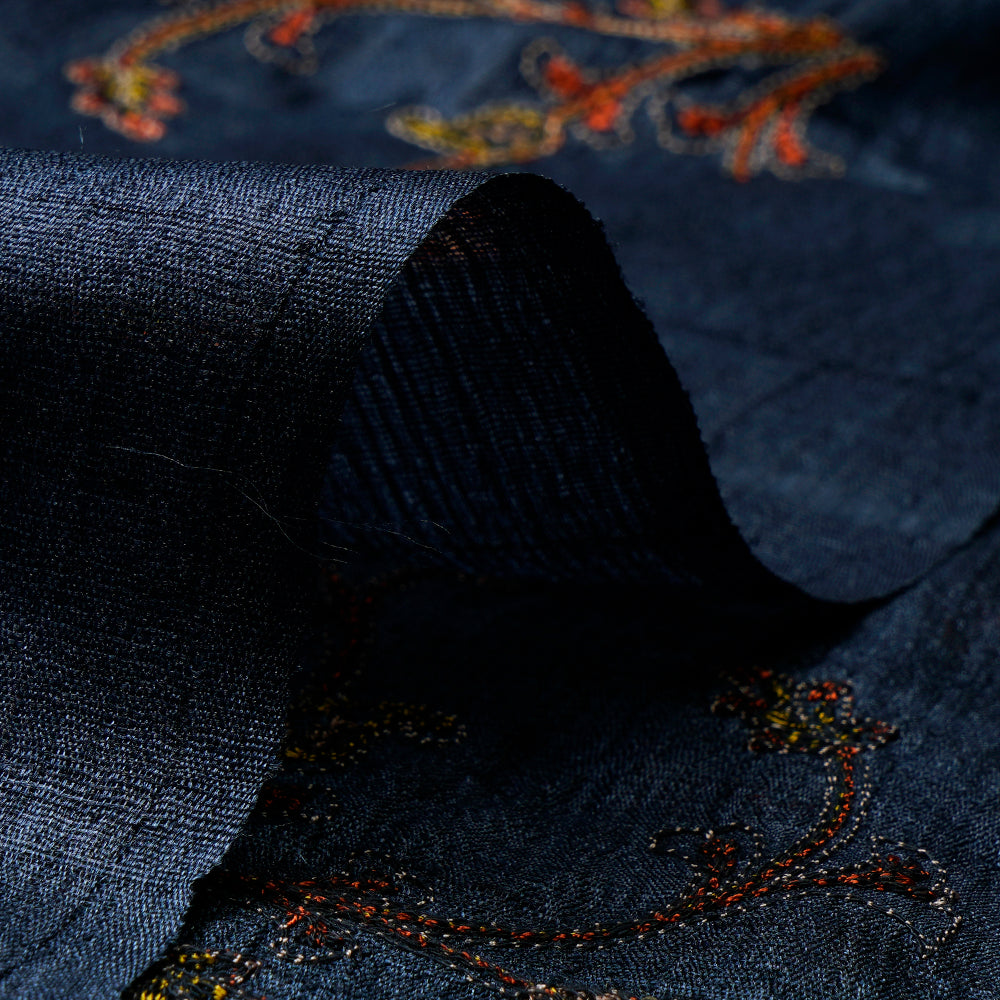 Navy Color Embroidered Tussar Silk Fabric