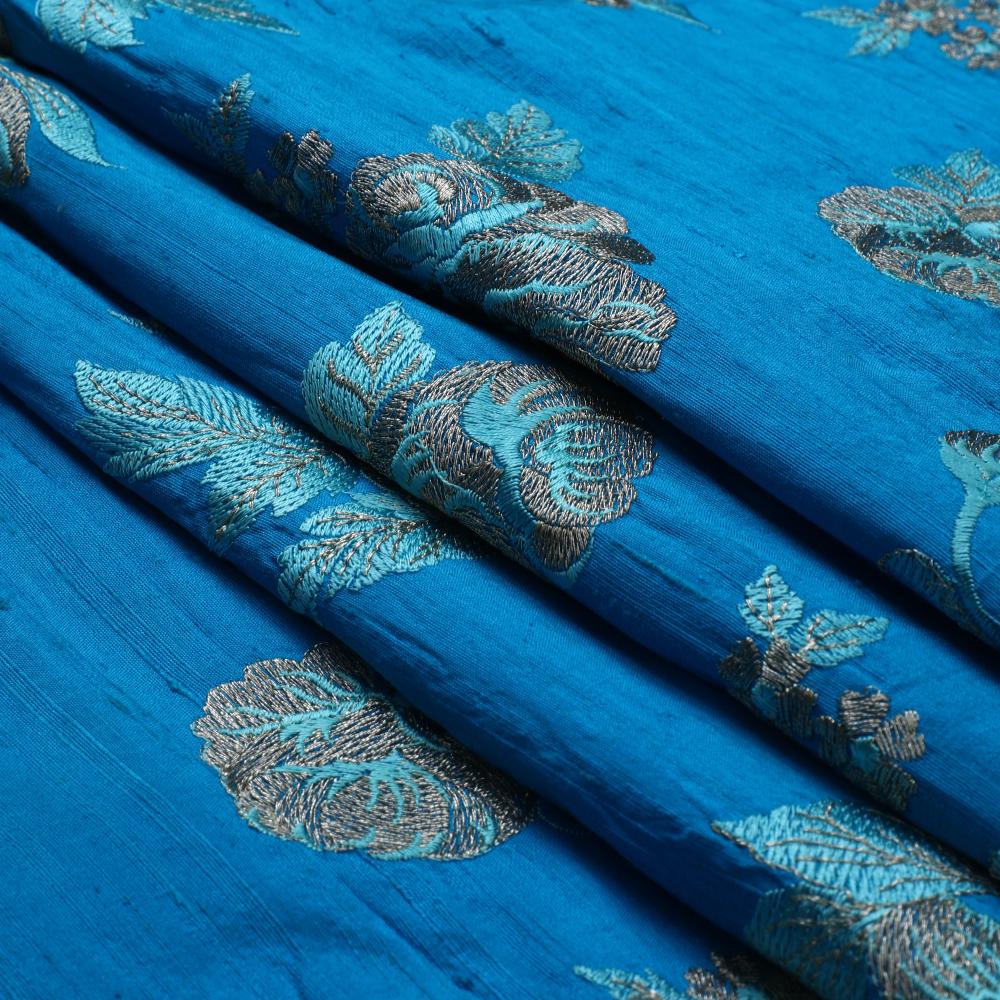 Blue-Golden Color Embroidered Dupion Silk Fabric