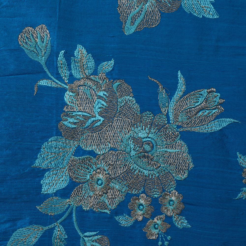 Blue-Golden Color Embroidered Dupion Silk Fabric