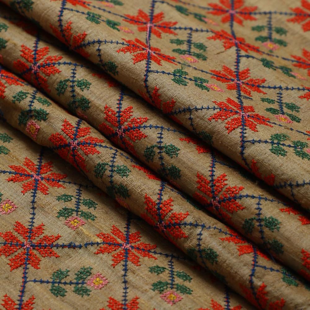 Multi Color Embroidered Tussar Silk Fabric