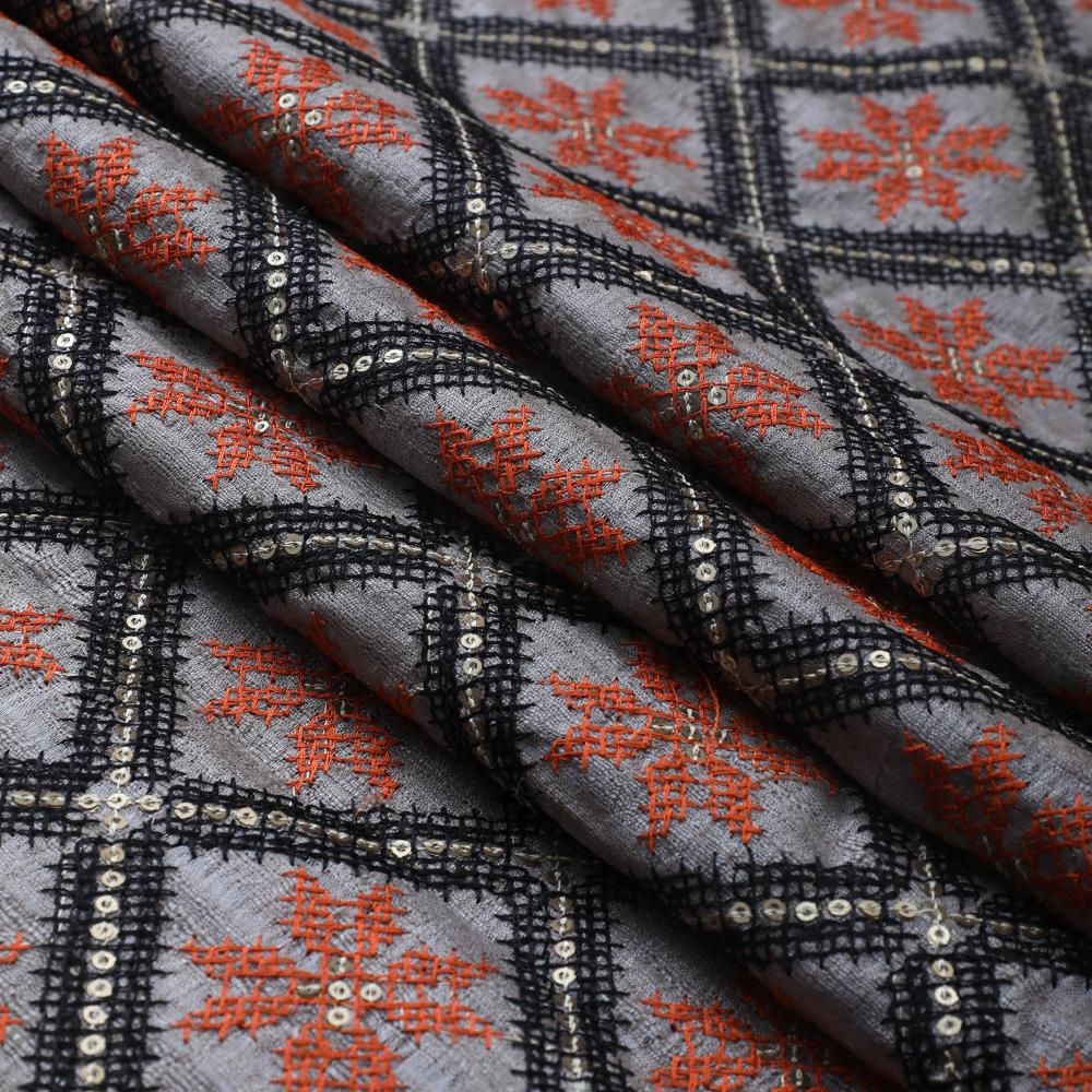 Black-Orange Color Embroidered Tussar Silk Fabric