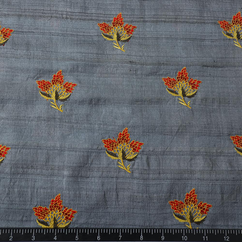 Grey-Red Color Embroidered Tussar Silk Fabric