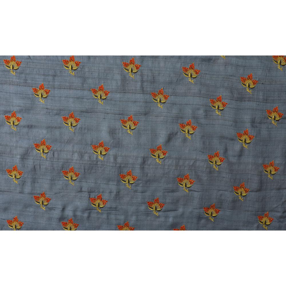 Grey-Red Color Embroidered Tussar Silk Fabric