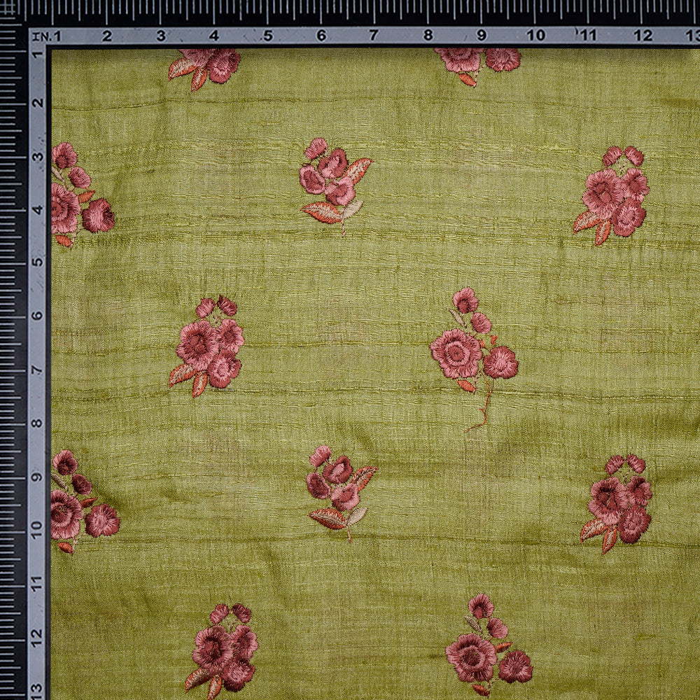 Green Color Embroidered Tussar Silk Fabric