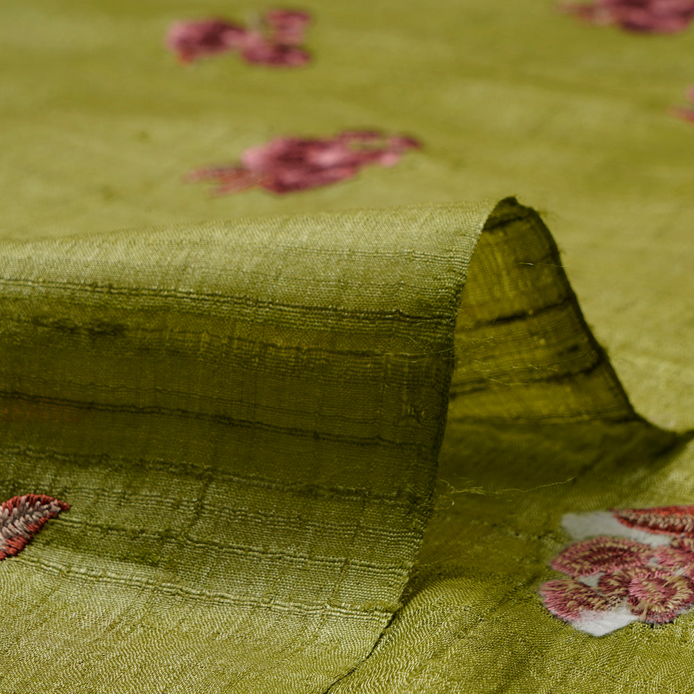 Green Color Embroidered Tussar Silk Fabric