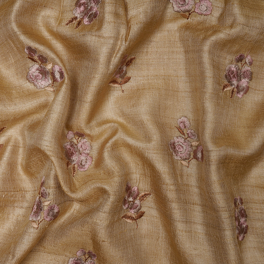 Beige Color Embroidered Tussar Silk Fabric