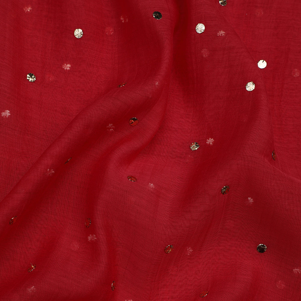 Red Color Mukaish Embroidered Fine Chanderi Fabric