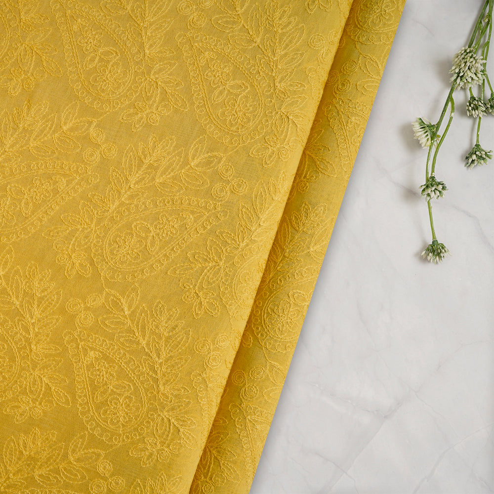 Yellow Color Embroidered Pure Chanderi Fabric