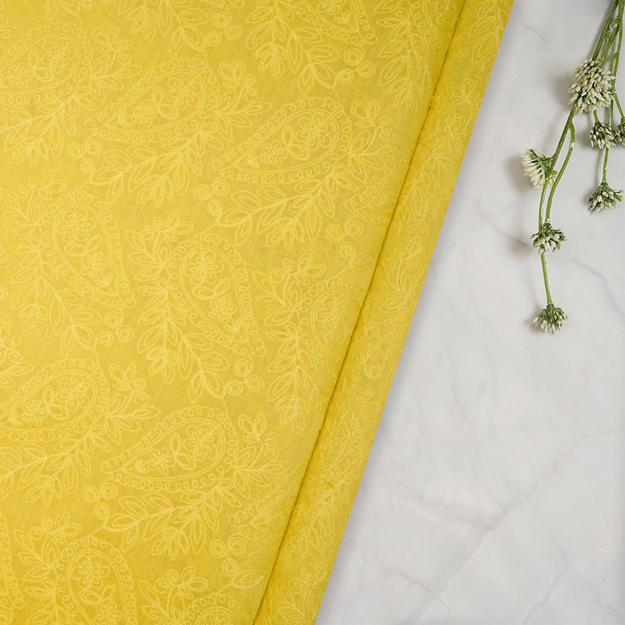 Yellow Schiffili Embroidered Fine Chanderi Fabric