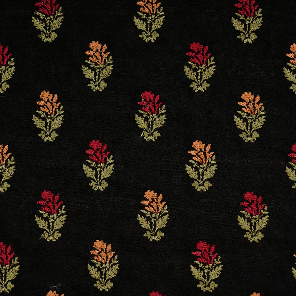 Black Color Embroidered Spun Silk Fabric
