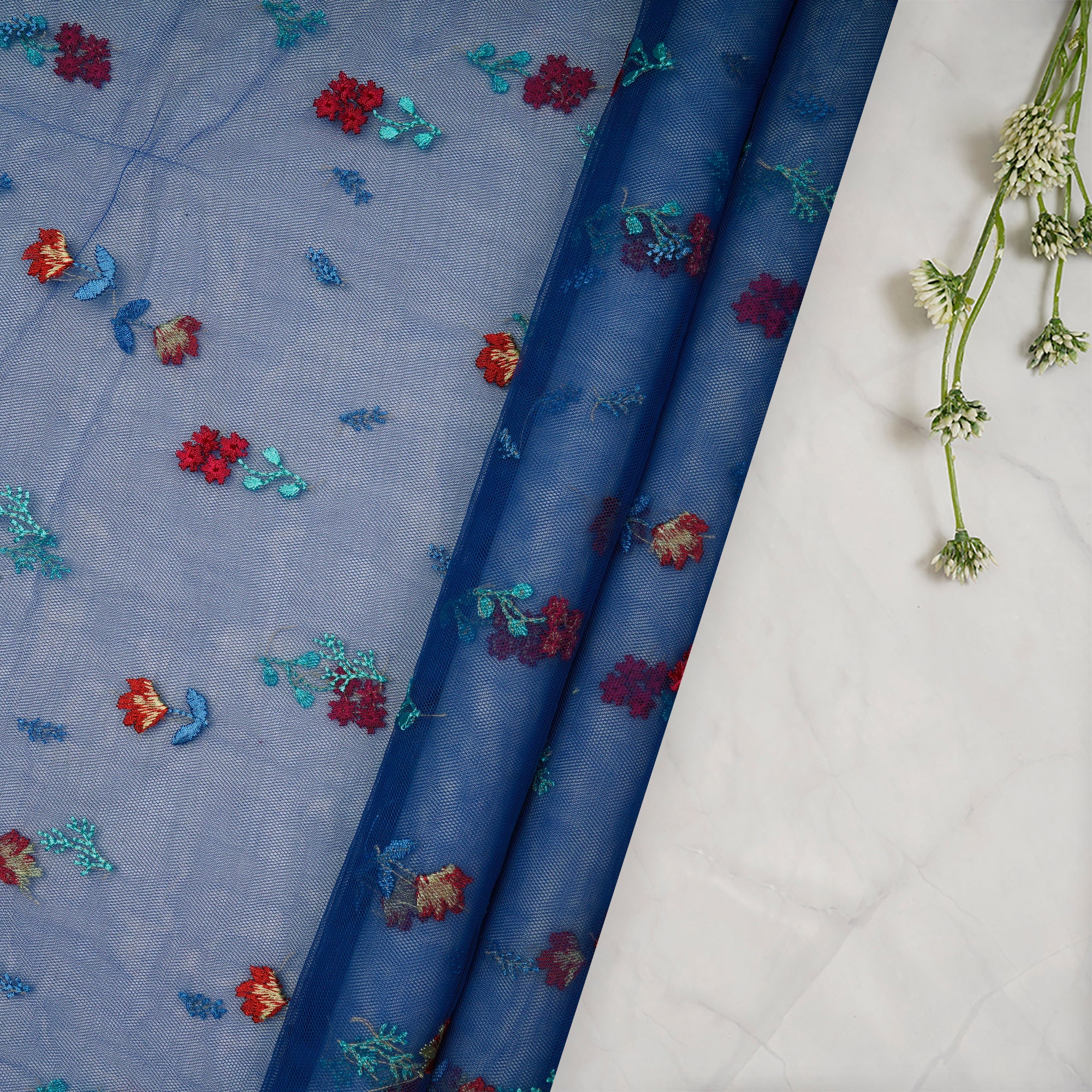 Blue Floral Pattern Embroidered Net Fabric