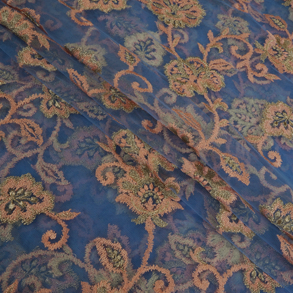 Blue Color Embroidered Nylon Net Fabric