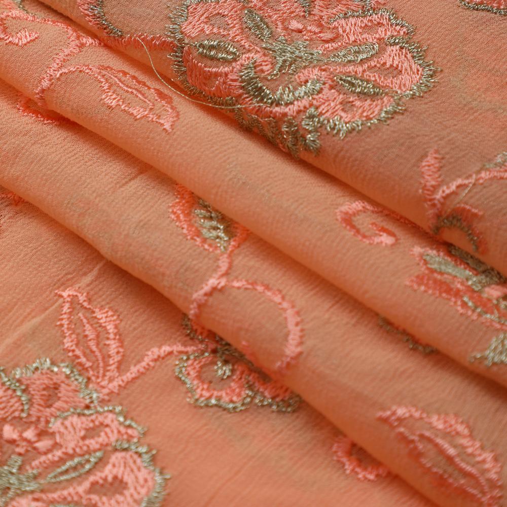 Peach Color Embroidered Georgette Fabric