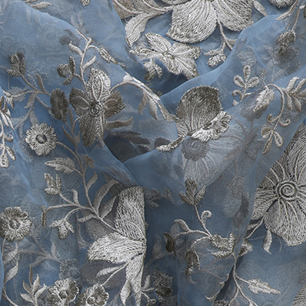 Blue-Golden Color Embroidered Organza Silk Fabric