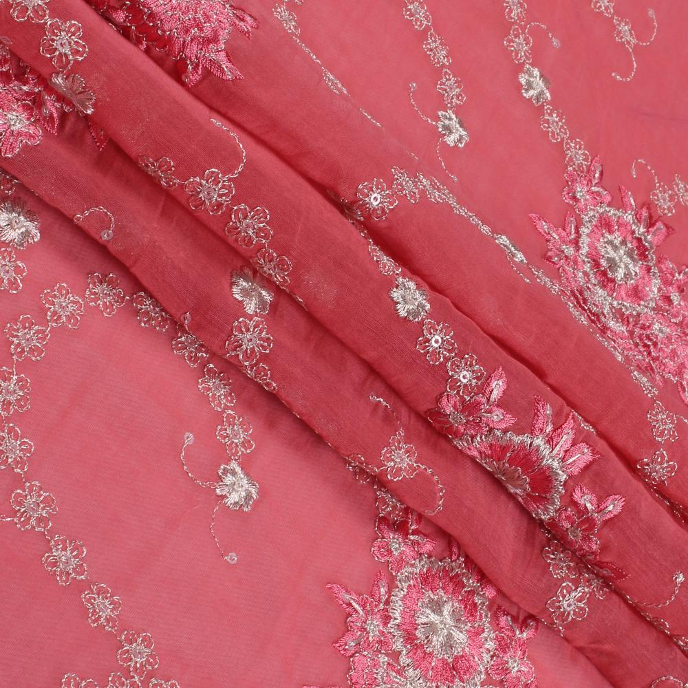Coral pink-Silver Color Embroidered Fine Chanderi Fabric