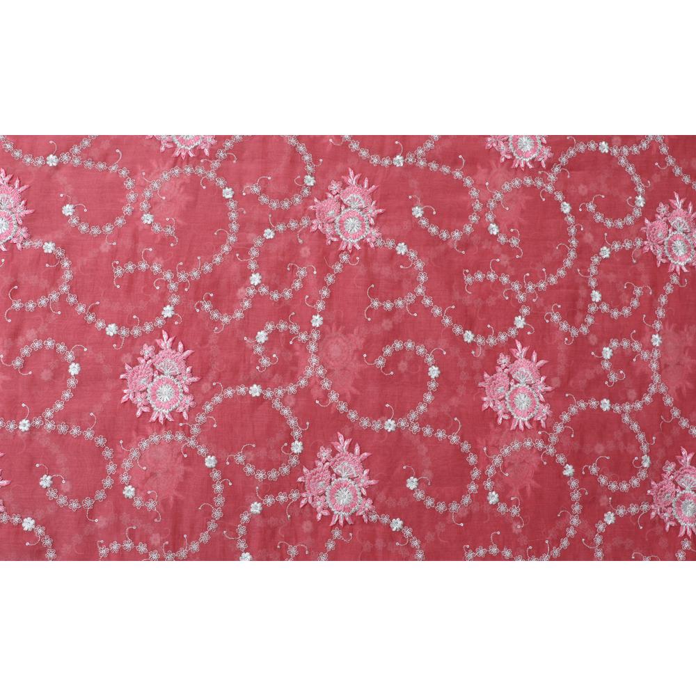 Coral pink-Silver Color Embroidered Fine Chanderi Fabric