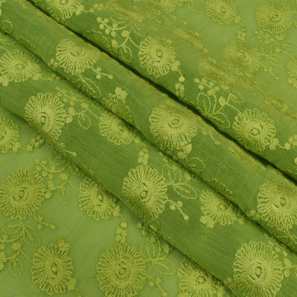Lime Green Color Embroidered Fine Chanderi Fabric