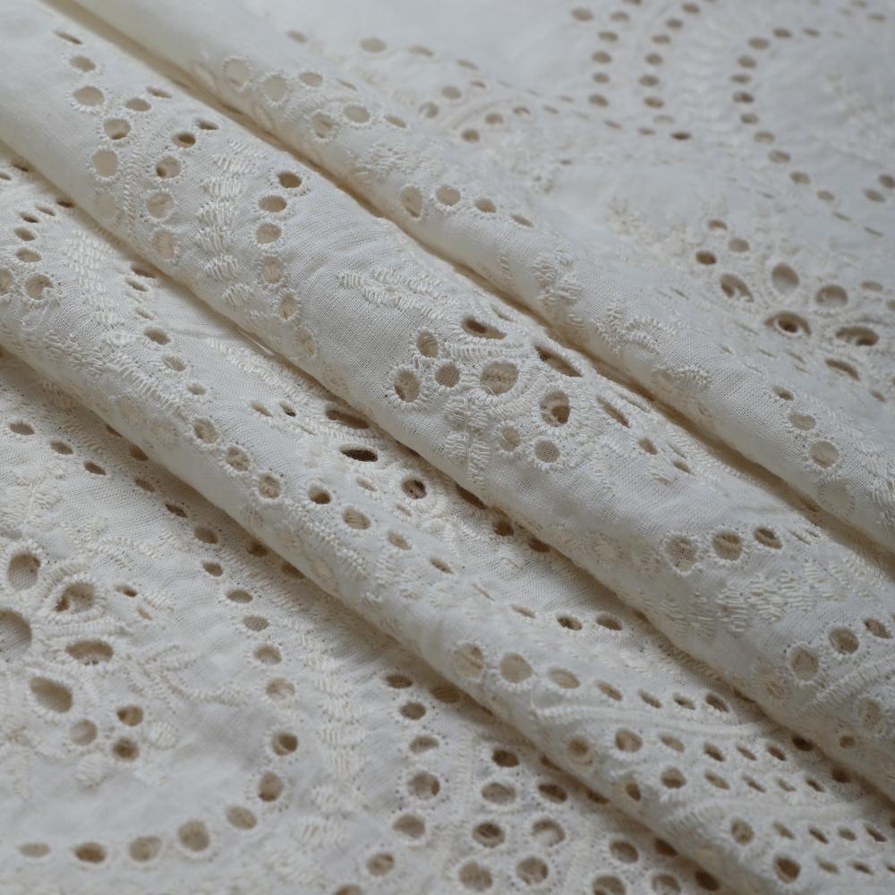 Off White Color Embroidered Cotton Cambric Fabric